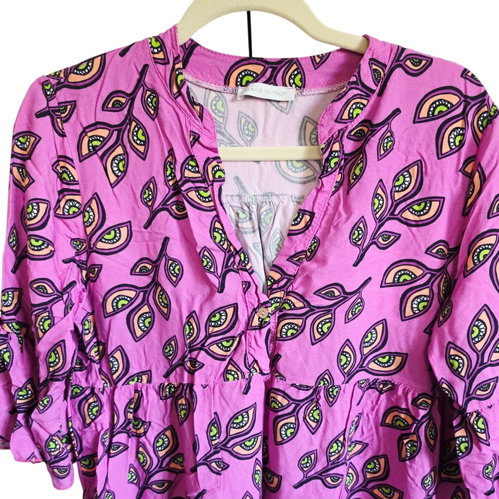 Made in Italy Womens 40 Pink Evil Eye Leaf Print Tiered‎ Ruffle Sleeve Blouse L